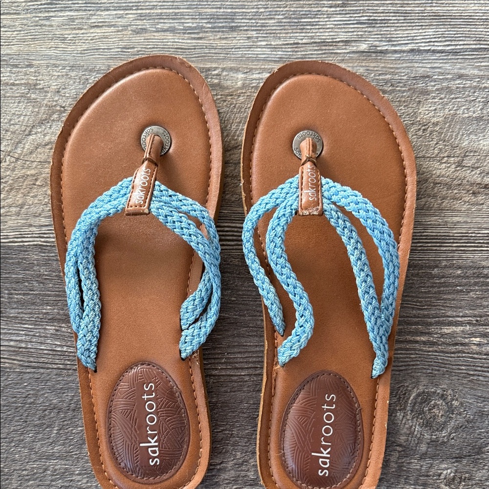 Sakroots Tan and Blue Braided Sandals
